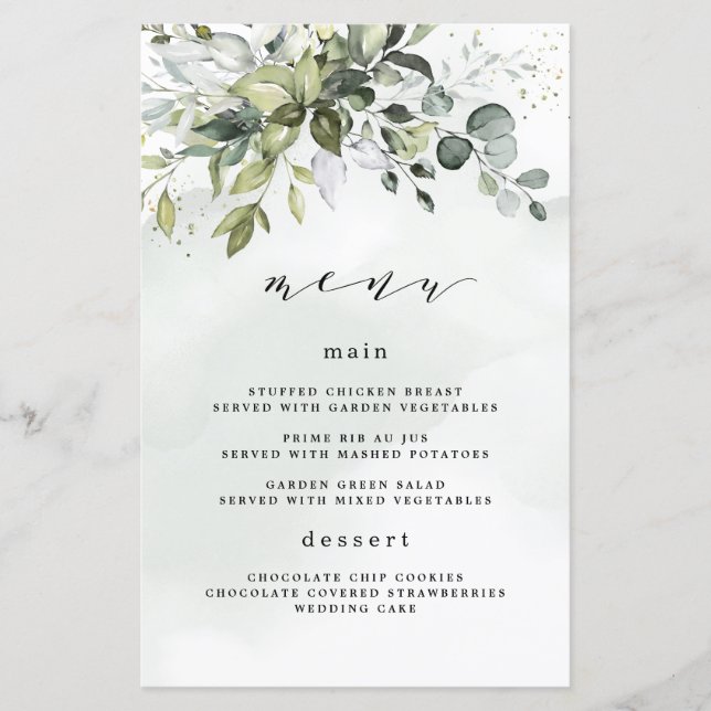 Dusty Blue Greenery Floral Boho Wedding Menu Cards (Front)