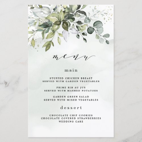 Dusty Blue Greenery Floral Boho Wedding Menu Cards - Design features a bouquet of watercolor greenery, eucalyptus and a succulent over a dusty blue watercolor splash. Design also features specks of painted (printed) gold and green. Check on screen previews before checking out to make sure your personal details print to your satisfaction. You can fully customize this design under the customize tools (access tools via the blue button above). View the collection link on this page to see all of the matching items in this beautiful design.