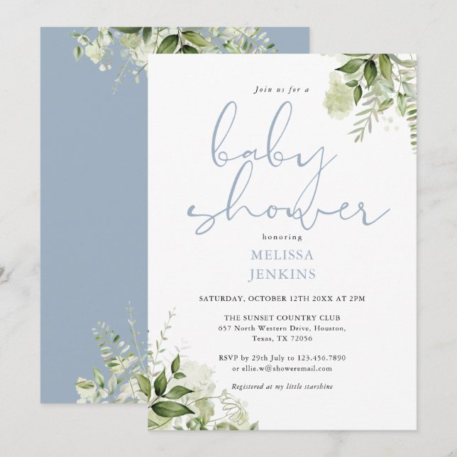 Dusty Blue Greenery Floral Boy Baby Shower Invitation (Front/Back)