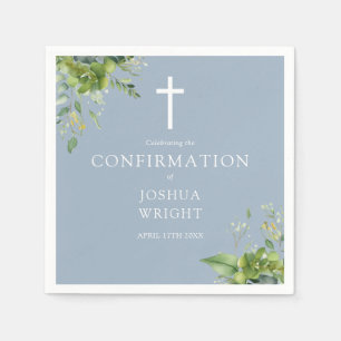 Dusty Blue Greenery Floral Confirmation Napkins