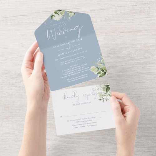 Dusty Blue Greenery Floral Details RSVP Wedding All In One Invitation