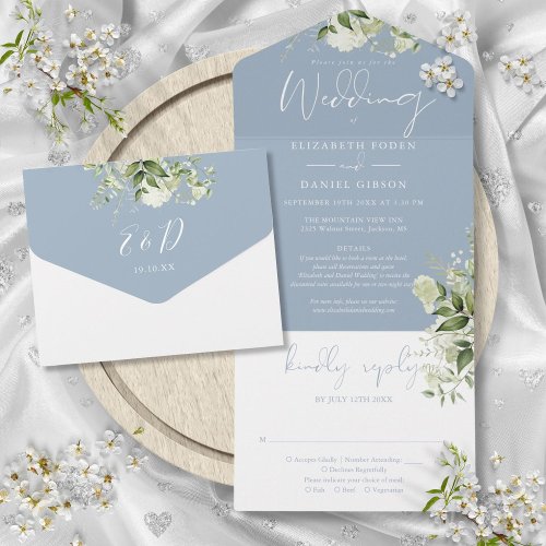Dusty Blue Greenery Floral Details RSVP Wedding All In One Invitation