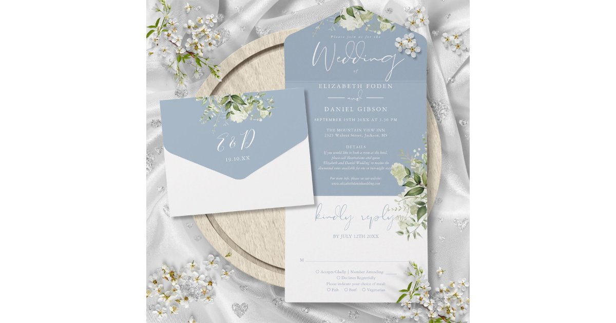 Dusty Blue Greenery Floral Details RSVP Wedding All In One Invitation ...