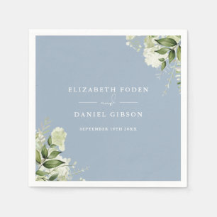 Dusty Blue Greenery Floral Elegant Names Date Napkins