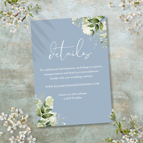 Dusty Blue Greenery Floral Elegant Wedding Details Enclosure Card