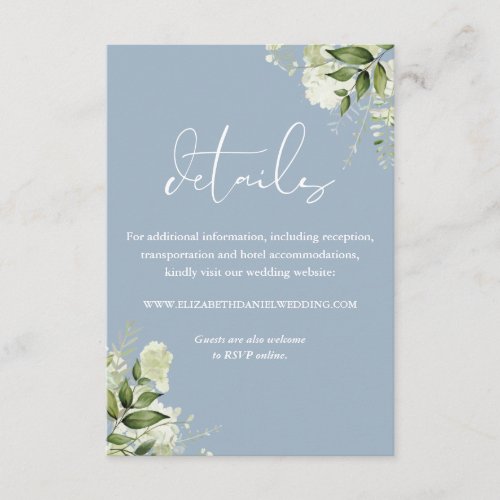 Dusty Blue Greenery Floral Elegant Wedding Details Enclosure Card