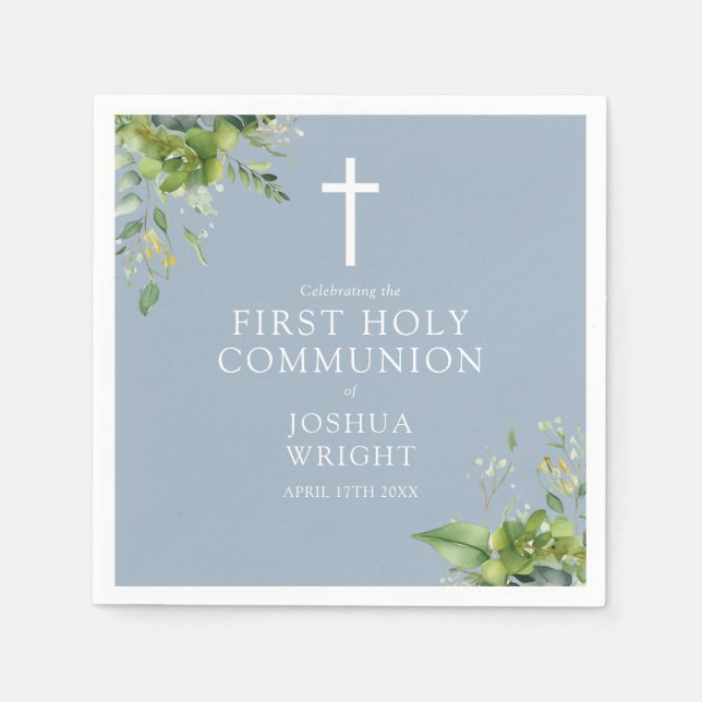 Dusty Blue Greenery Floral First Holy Communion Napkins (Front)