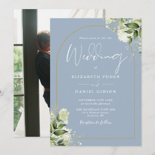 Dusty Blue Greenery Floral Gold Arch Photo Wedding Invitation
