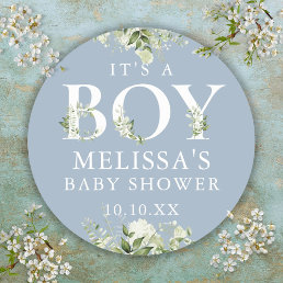 Dusty Blue Greenery Floral Its A Boy Baby Shower Classic Round Sticker