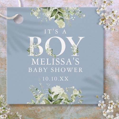 Dusty Blue Greenery Floral Its A Boy Baby Shower Favor Tags