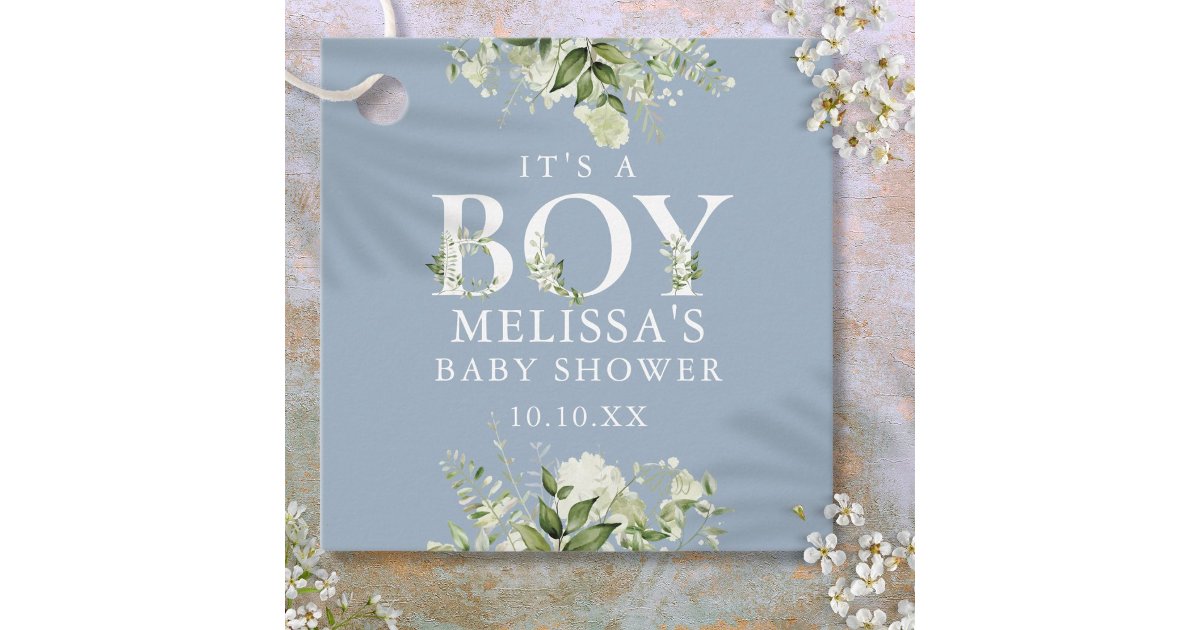 Dusty Blue Greenery Floral Its A Boy Baby Shower Favor Tags | Zazzle
