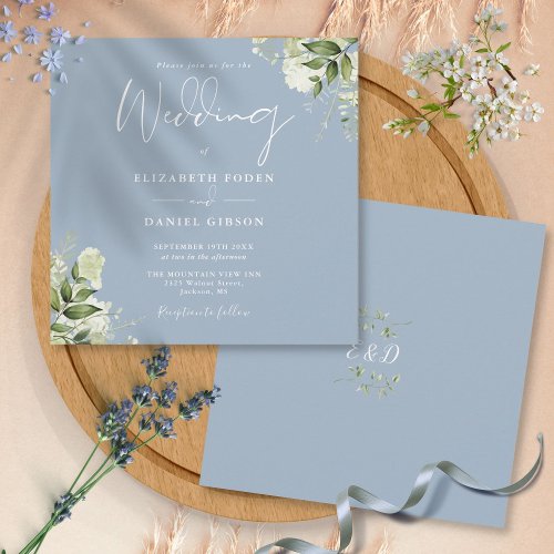 Dusty Blue Greenery Floral Monogram Square Wedding Invitation
