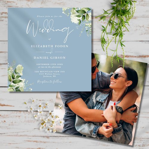 Dusty Blue Greenery Floral Photo Square Wedding Invitation