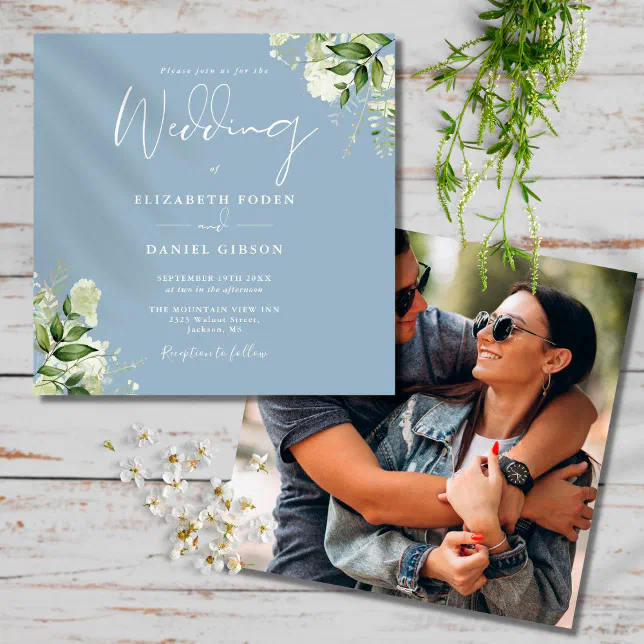Dusty Blue Greenery Floral Photo Square Wedding Invitation | Zazzle