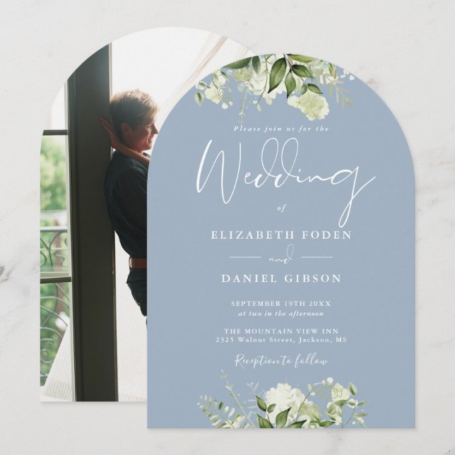 Dusty Blue Greenery Floral Photo Wedding Arch Invitation (Front/Back)