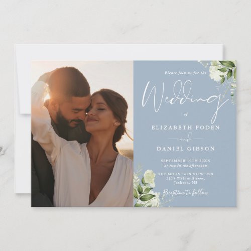 Dusty Blue Greenery Floral Photo Wedding Invitation