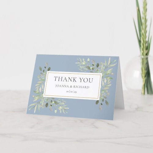 Dusty Blue Greenery Floral Photo Wedding Thank You Card