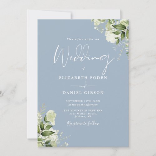 Dusty Blue Greenery Floral QR Code Photo Wedding Invitation