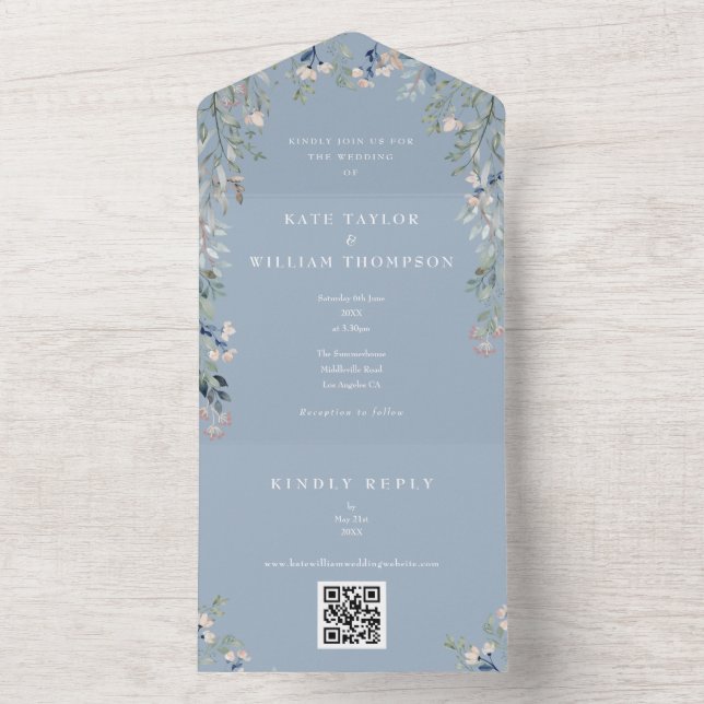 Dusty Blue Greenery Floral QR Code Wedding All In One Invitation (Inside)