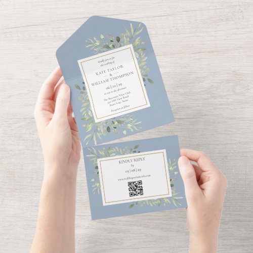 Dusty Blue Greenery Floral QR Code Wedding All In One Invitation
