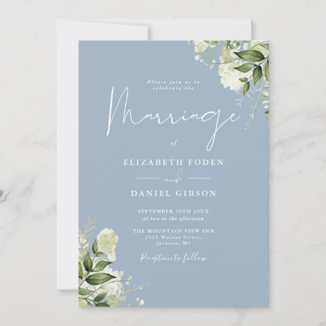 Dusty Blue Greenery Floral QR Code Wedding Invitation (Front)
