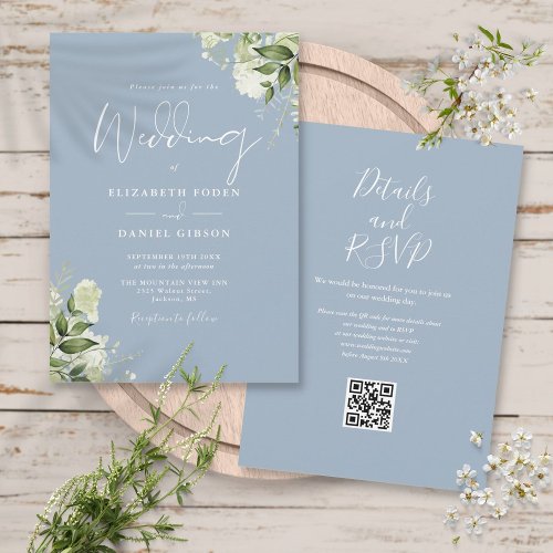 Dusty Blue Greenery Floral QR Code Wedding Invitation