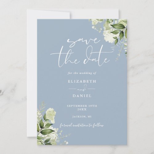 Dusty Blue Greenery Floral QR Code Wedding Save The Date
