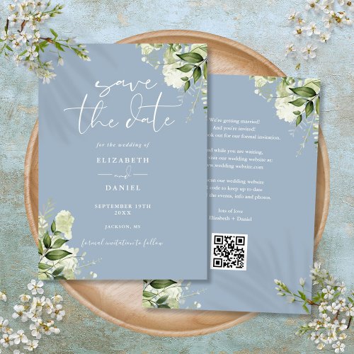 Dusty Blue Greenery Floral QR Code Wedding Save The Date