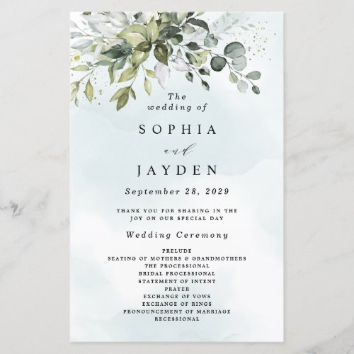Dusty Blue Greenery Floral Rustic Wedding Programs - This design is available with two different dusty blue shades.  One option is more dustier than the other and leans towards a gray-dusty blue.  This one that you are currently viewing leans more towards blue for the watercolor splashes.  Compare each on-screen preview for a perfect match when it comes to your wedding shade since there are different variations of this popular color.  Design features a bouquet of watercolor greenery, eucalyptus and a succulent over a dusty blue watercolor splash. Design also features specks of painted (printed) gold and green.  This is a direct link to the full collection that has all matching watercolor splashes in this shade: https://bit.ly/396usk1