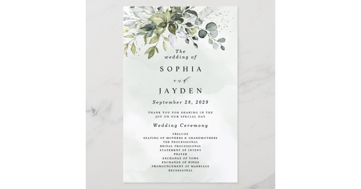 Dusty Blue Greenery Floral Rustic Wedding Programs Zazzle Com