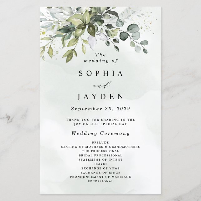 Dusty Blue Greenery Floral Rustic Wedding Programs (Front)