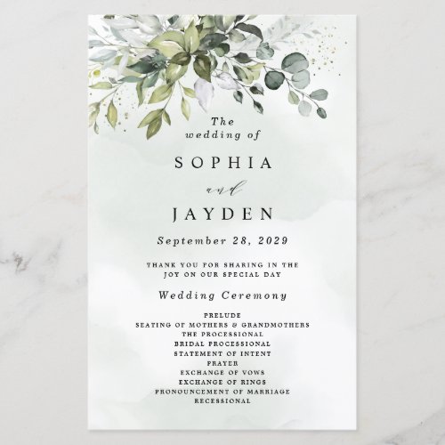 Dusty Blue Greenery Floral Rustic Wedding Programs - Design features a bouquet of watercolor greenery, eucalyptus and a succulent over a dusty blue watercolor splash. Design also features specks of painted (printed) gold and green.  Check on screen previews before checking out to make sure your personal details print to your satisfaction.  View the collection link on this page to see all of the matching items in this beautiful design.