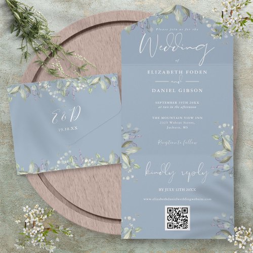 Dusty Blue Greenery Floral Script QR Code Wedding All In One Invitation
