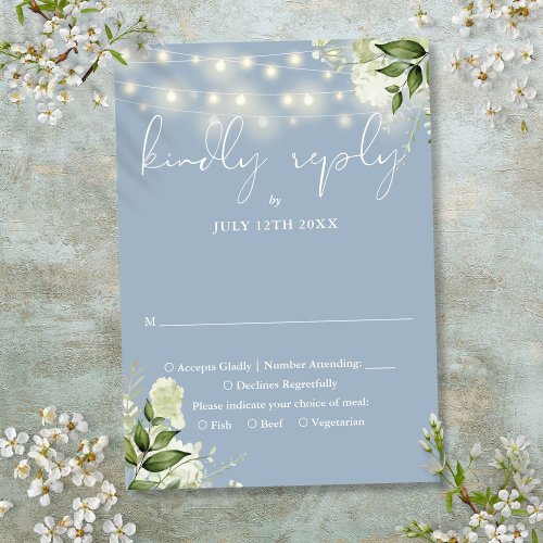 Dusty Blue Greenery Floral String Lights Wedding RSVP Card