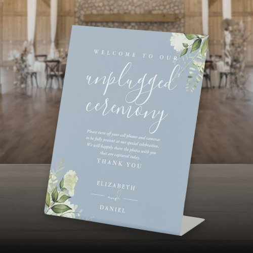 Dusty Blue Greenery Floral Unplugged Ceremony Pedestal Sign