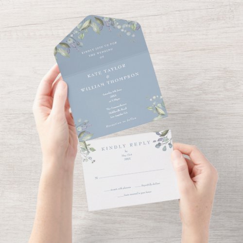 Dusty Blue Greenery Floral Wedding All In One Invitation