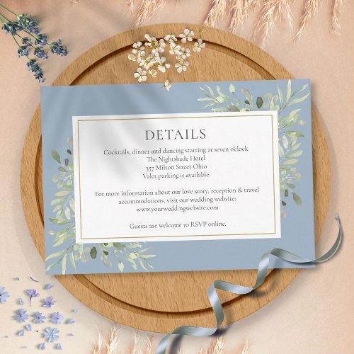 Dusty Blue Greenery Floral Wedding Details Enclosure Card