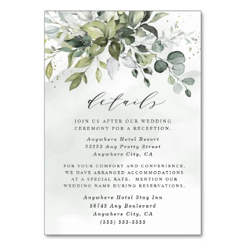 Dusty Blue Greenery Floral Wedding Enclosure Cards - Design features a bouquet of watercolor greenery, eucalyptus and a succulent over a dusty blue watercolor splash. Design also features specks of painted (printed) gold and green.  This template also features a modern typography layout. You can fully customize the information and even add more to the back if needed.  View the collection on this page to find matching items in this design.