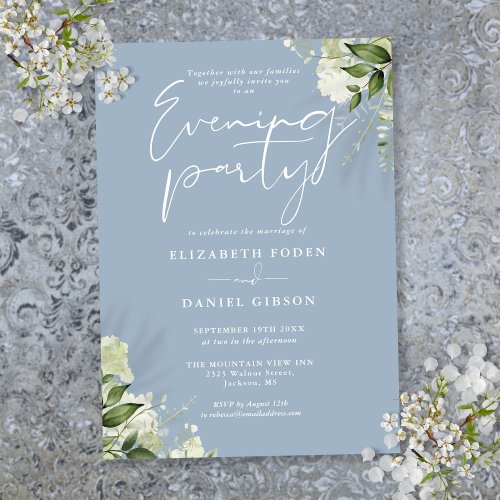 Dusty Blue Greenery Floral Wedding Evening Party Invitation