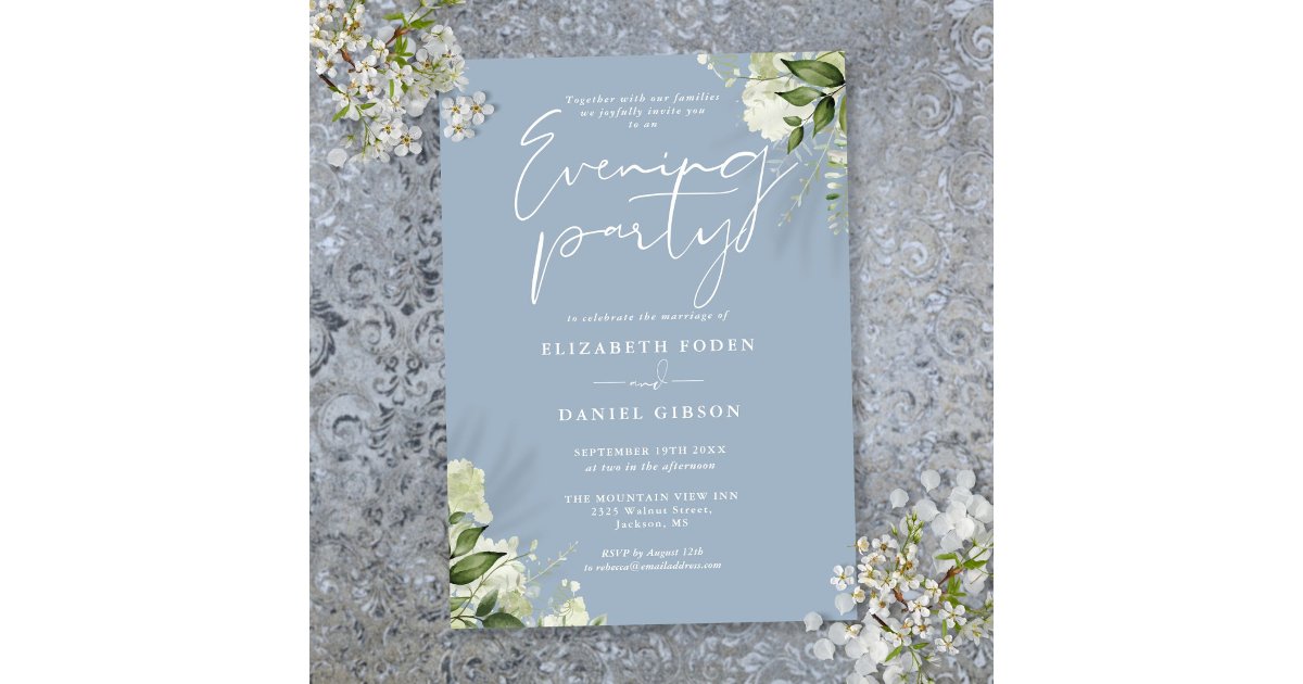 Dusty Blue Greenery Floral Wedding Evening Party Invitation | Zazzle