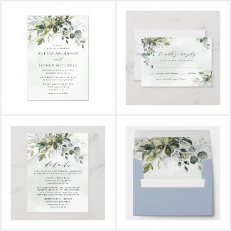 Dusty Blue Greenery Floral Wedding Invitations Set