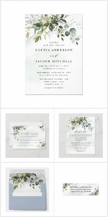 Dusty Blue Greenery Floral Wedding Invitations Set