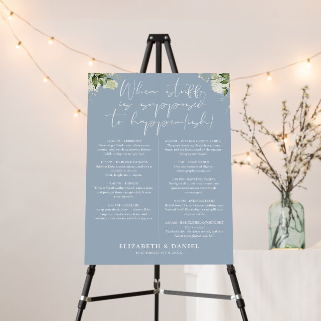 Dusty Blue Greenery Floral Wedding Itinerary Foam Board (In Situ (Stand))