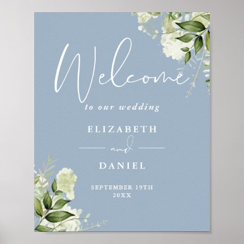 Dusty Blue Greenery Floral Wedding Welcome Sign
