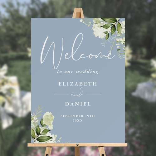 Dusty Blue Greenery Floral Wedding Welcome Sign