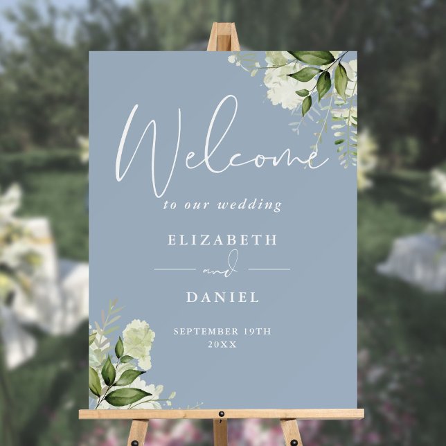 Dusty Blue Greenery Floral Wedding Welcome Sign (Dusty Blue Greenery Floral Wedding Welcome Sign)