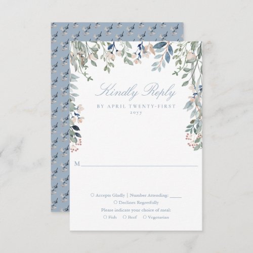 Dusty Blue Greenery Floral Wildflowers Wedding RSVP Card