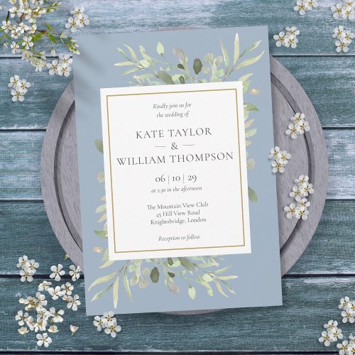 Dusty Blue Greenery Foliage Floral Wedding Invitation