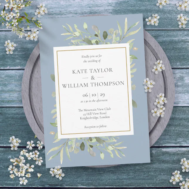 Dusty Blue Greenery Foliage Floral Wedding Invitation | Zazzle