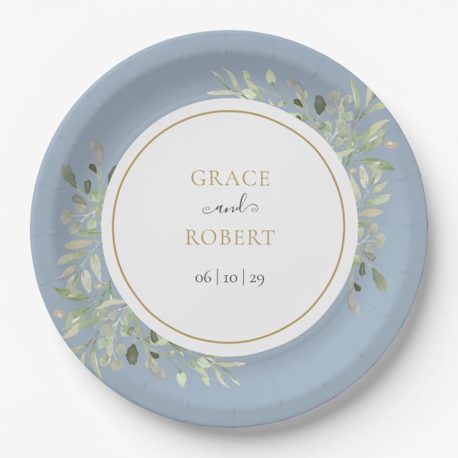 Dusty Blue Greenery Foliage Gold Wedding Paper Plates (Front)